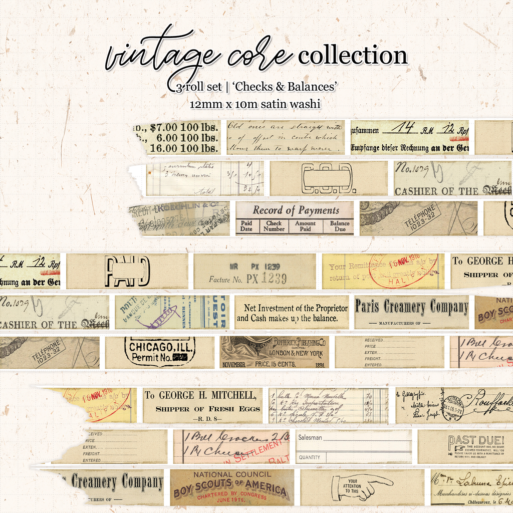 Vintage Core 'Check & Balances' Set of 3 Satin Washi 12mm