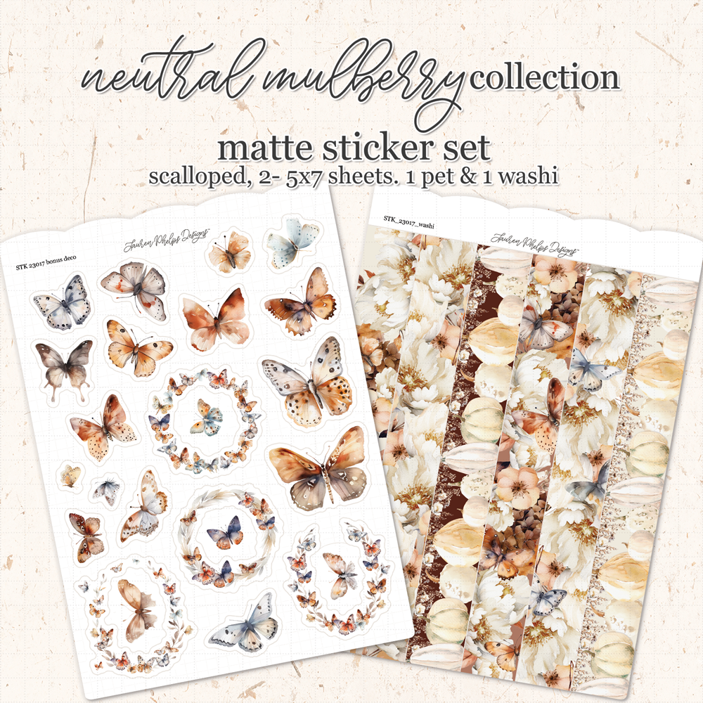 Neutral Mulberry Satin P.E.T. Journaling Sticker Sheet with Washi Strips Set